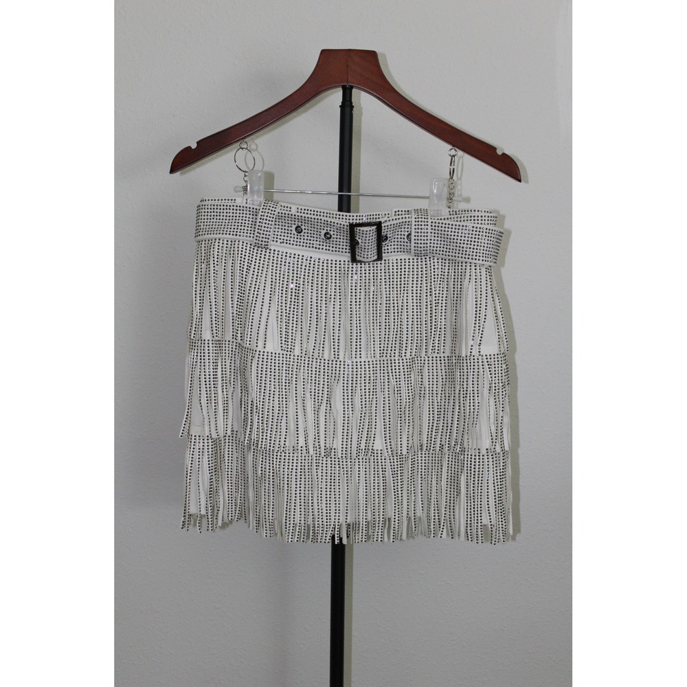 Nylon Apparel White Studded Fringe Tiered Mini Skirt with Belt NWT Size Large
